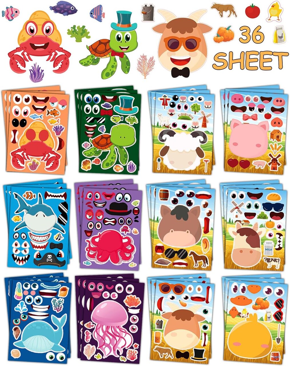 36 Sheets Make a Face Stickers for Kids Toddlers Party Favors (Multicolor) 8.3 x 5.9 x 0.3 inches